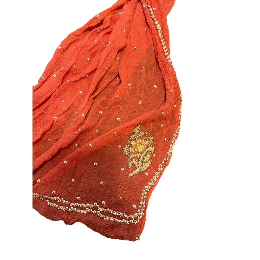 Orange Red Sequin Embroidered Crinkle Chiffon Dupatta‎ Scarf Gold Floral Detail